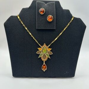 Gold-Tone Faux Opal Pendant Necklace and Burnt Orange Stud Earrings Set